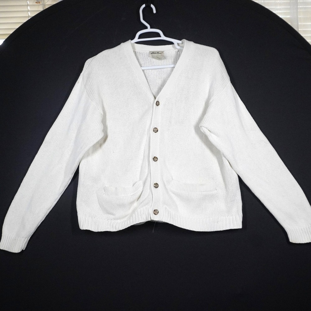 VTG Eddie Bauer Cardigan Mens Large White Cotton Knit V-Neck Button Grandpacore